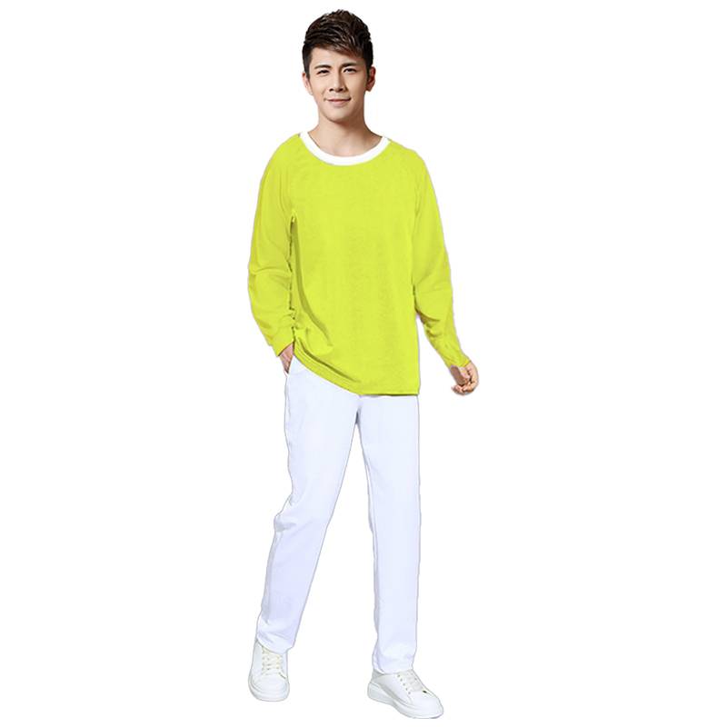 Light-sleeve yellow shirt + white trousers